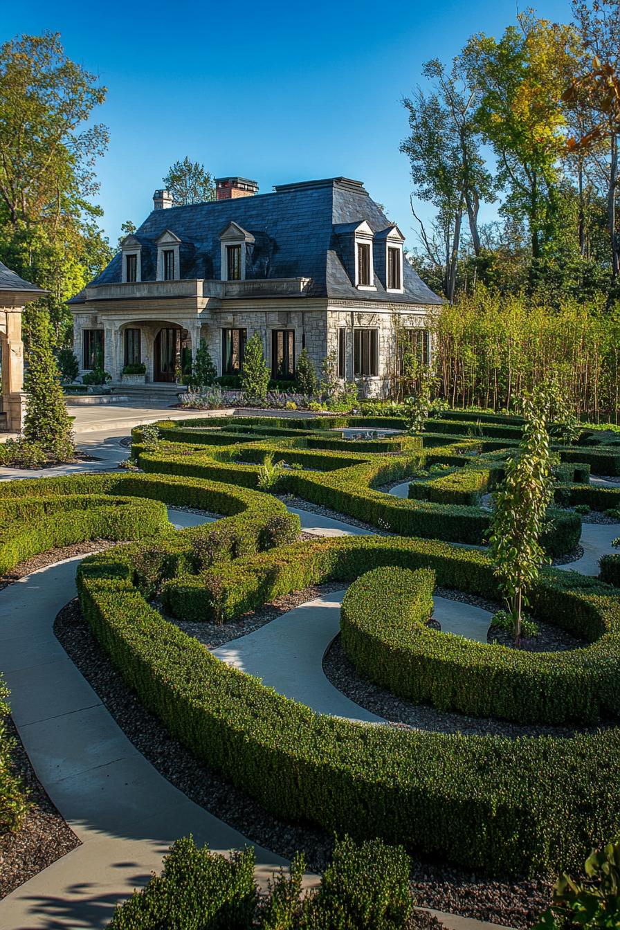 modern English manor with maze garden