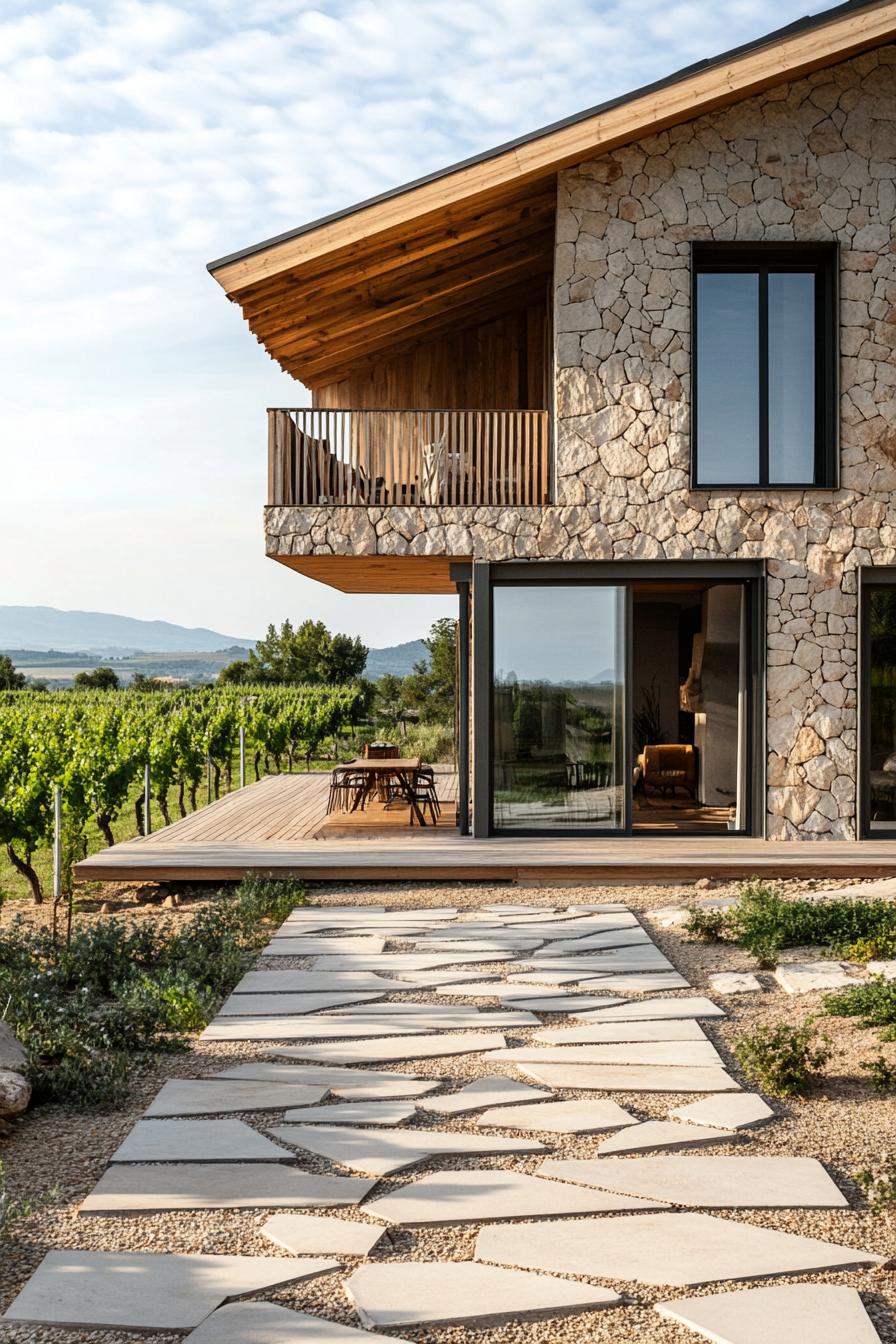 modern French chalet house facade with geometric stone ground floor and timber chalet second floor provencal vineyard in the background 1