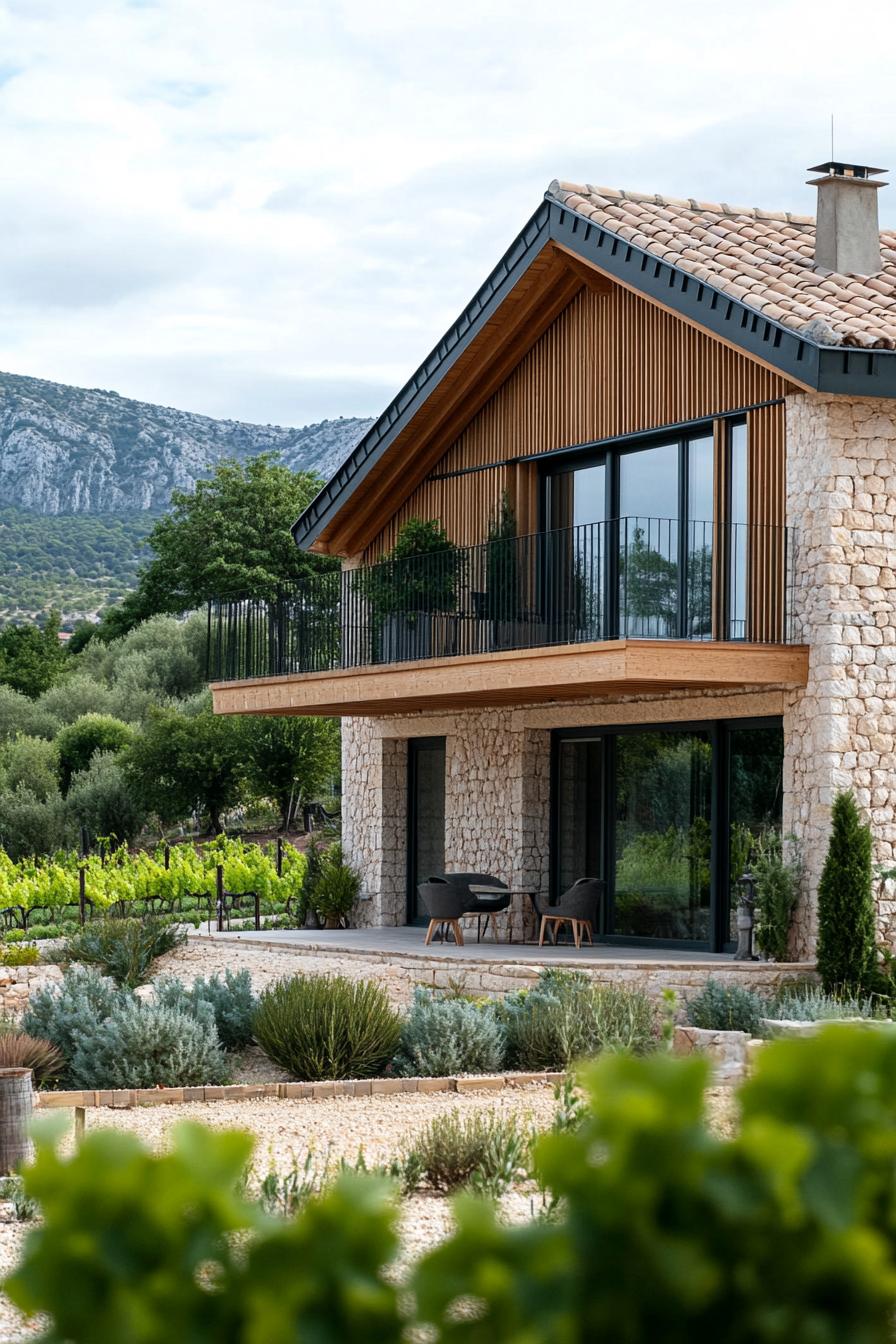 modern French chalet house facade with geometric stone ground floor and timber chalet second floor provencal vineyard in the background 2