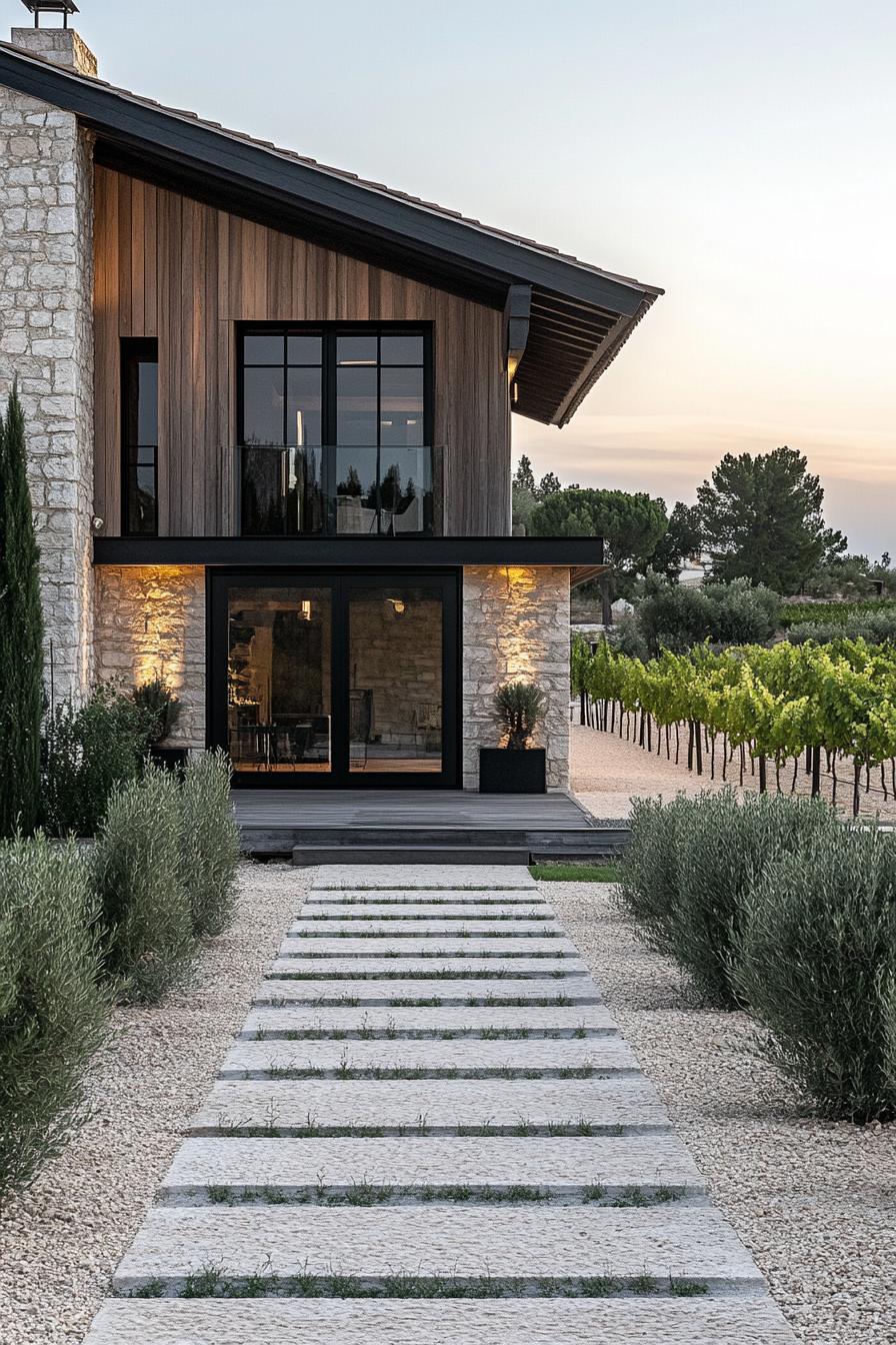 modern French chalet house facade with geometric stone ground floor and timber chalet second floor provencal vineyard in the background 3