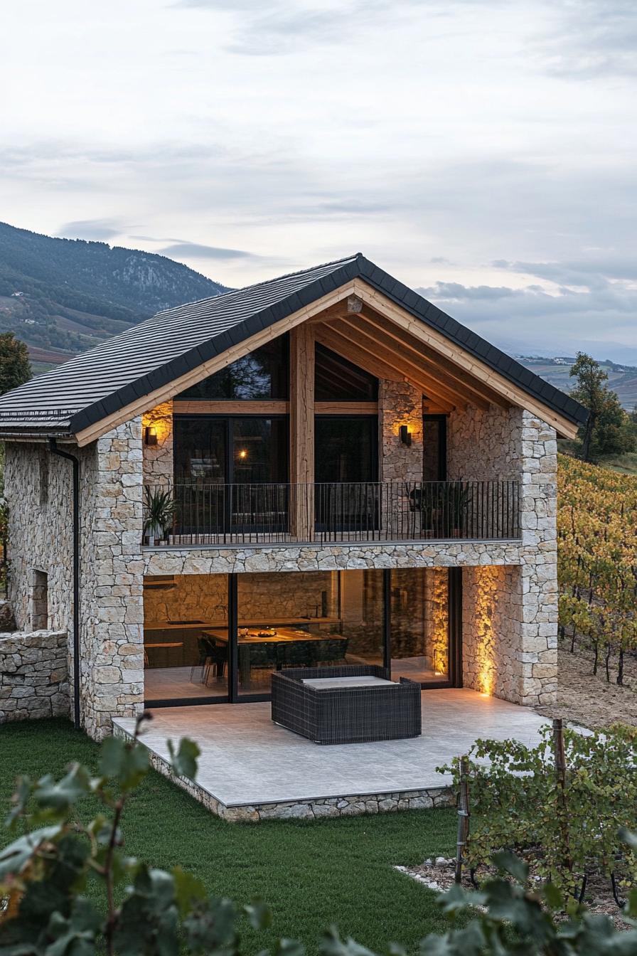 modern French chalet house facade with geometric stone ground floor and timber chalet second floor provencal vineyard in the background