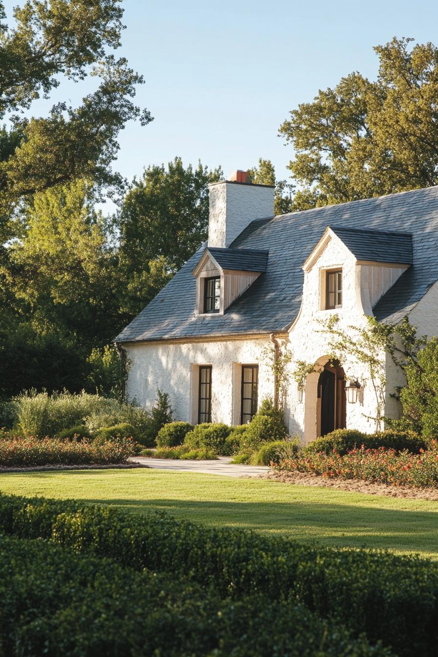 modern French country house with gabled roof and zin detailing French garden yard 1