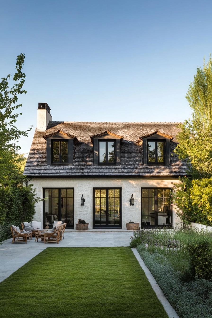 modern French country house with gabled roof and zin detailing French garden yard 2