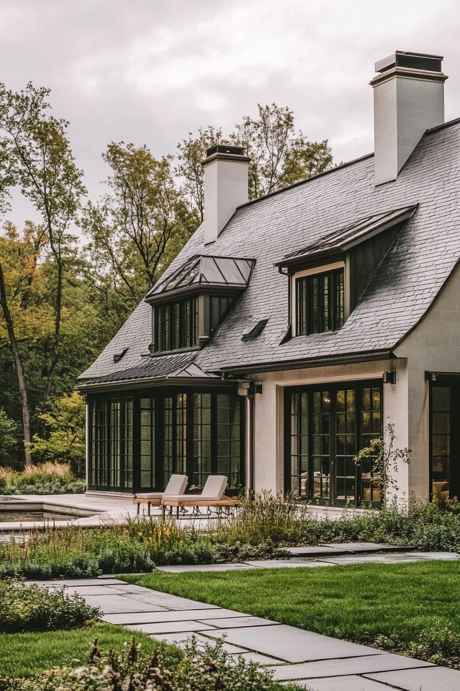 modern French country house with gabled roof and zin detailing French garden yard 3