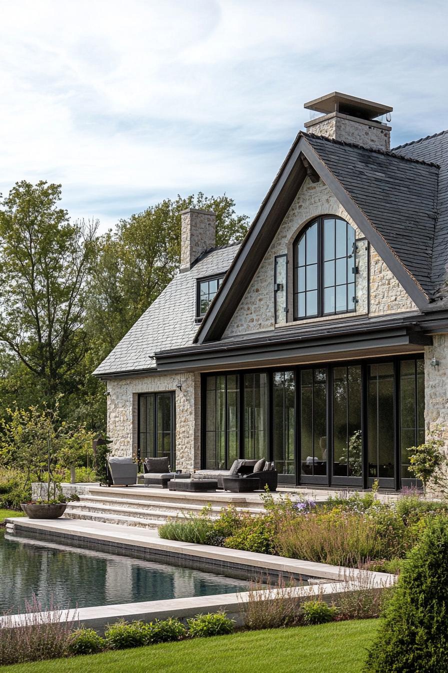 modern French country house with gabled roof and zin detailing French garden yard