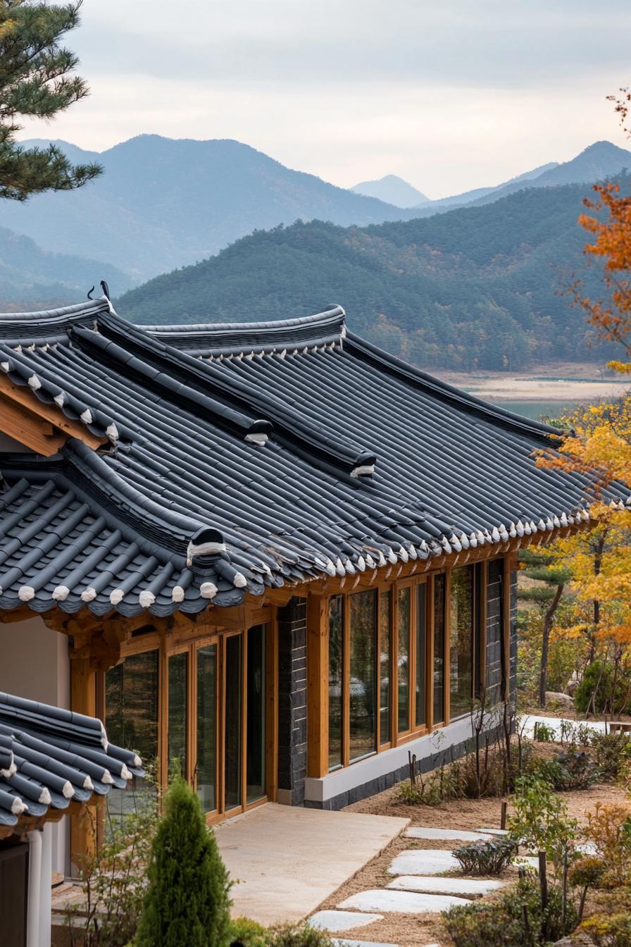 modern Korean house hanock roof tiles in stunning Korean mountains 2