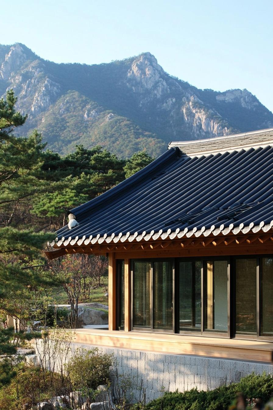 modern Korean house hanock roof tiles in stunning Korean mountains