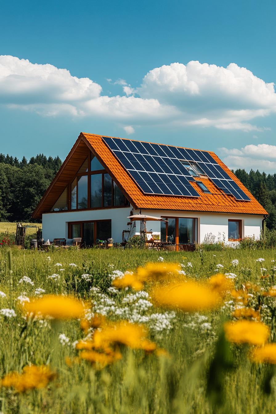 modern L shaped farmhouse gabled roof with solar panels in beautiful green open fields on a sunny day 1