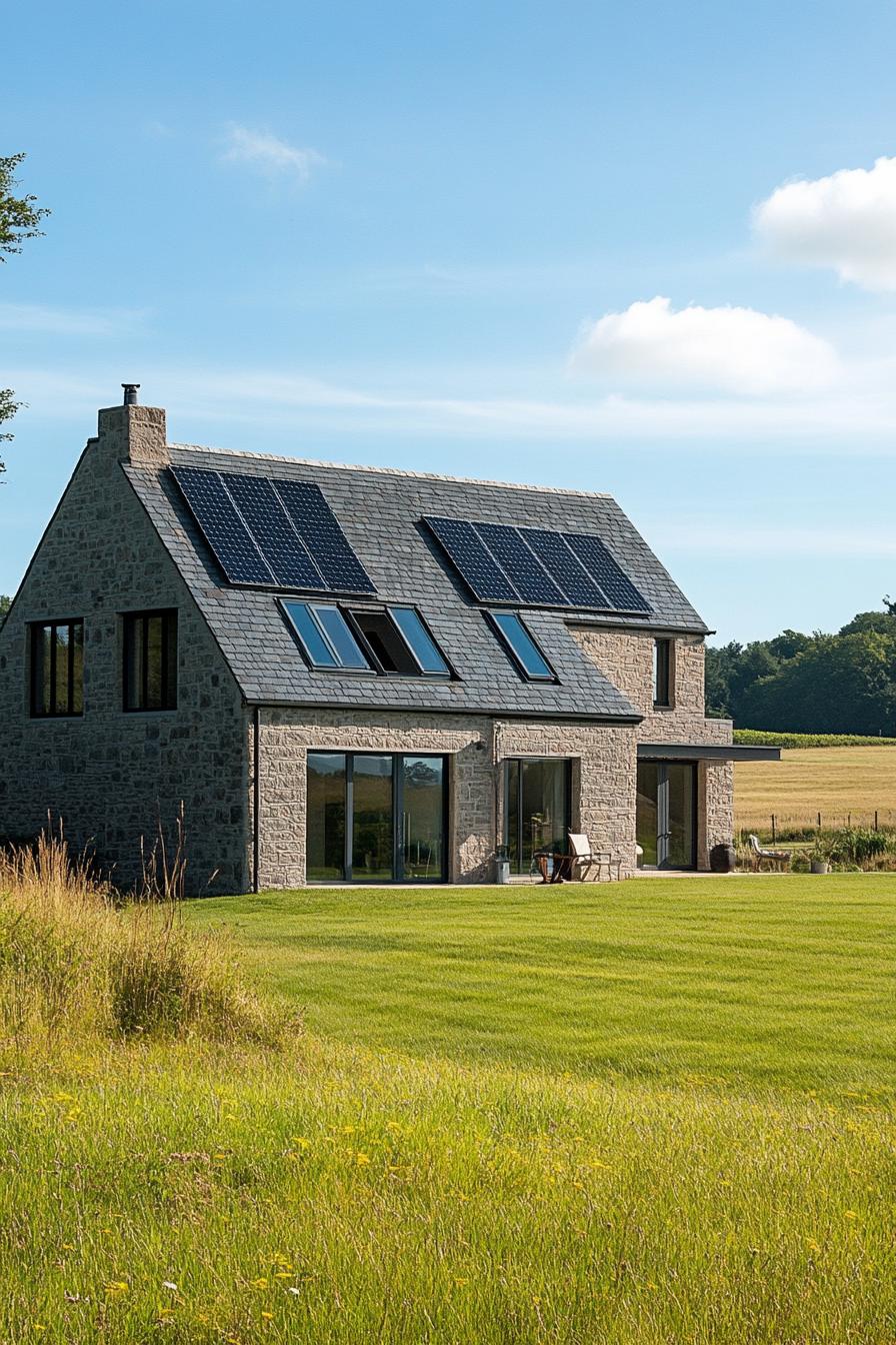 modern L shaped farmhouse gabled roof with solar panels in beautiful green open fields on a sunny day 2