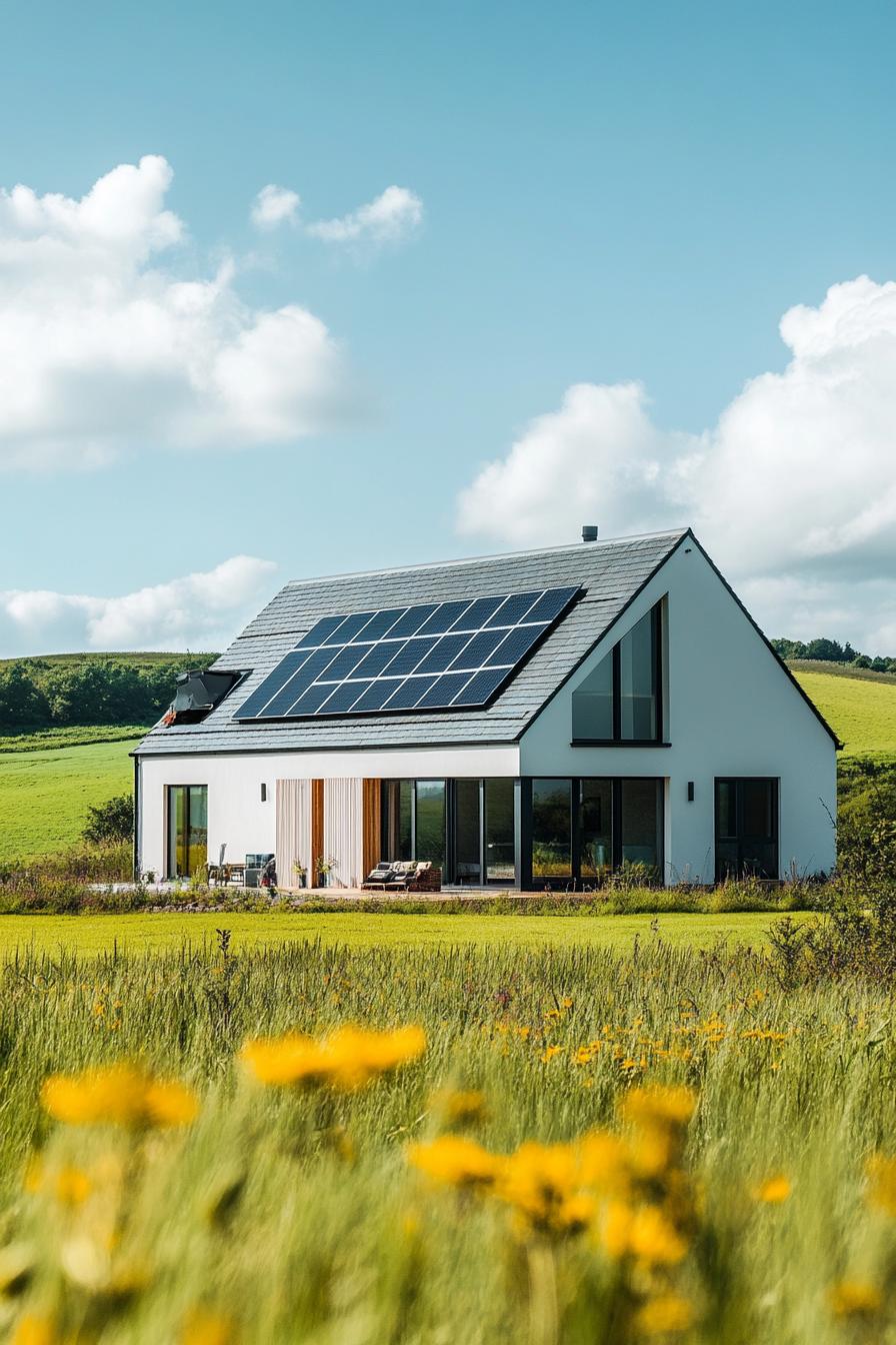 modern L shaped farmhouse gabled roof with solar panels in beautiful green open fields on a sunny day 3