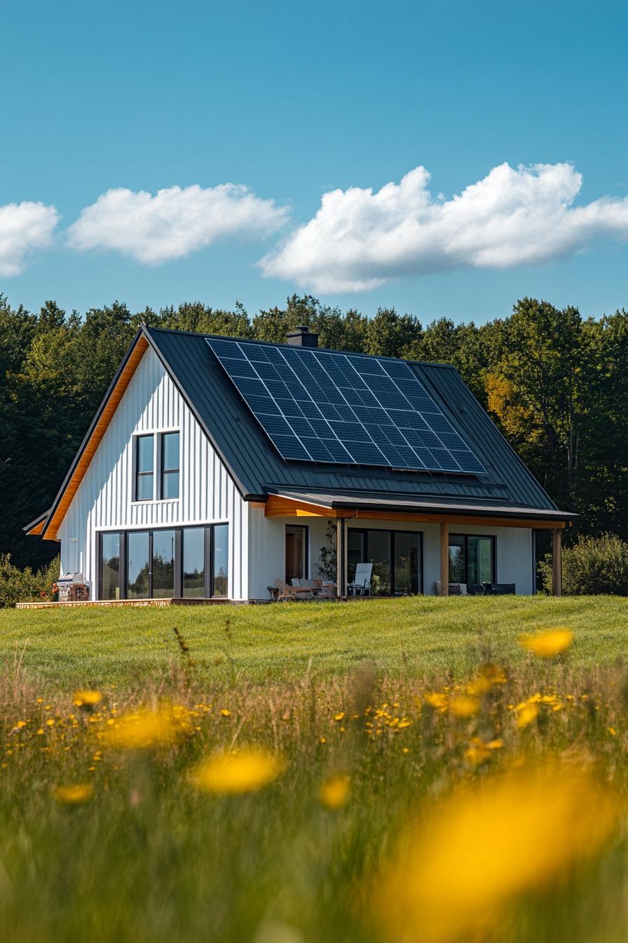 modern L shaped farmhouse gabled roof with solar panels in beautiful green open fields on a sunny day