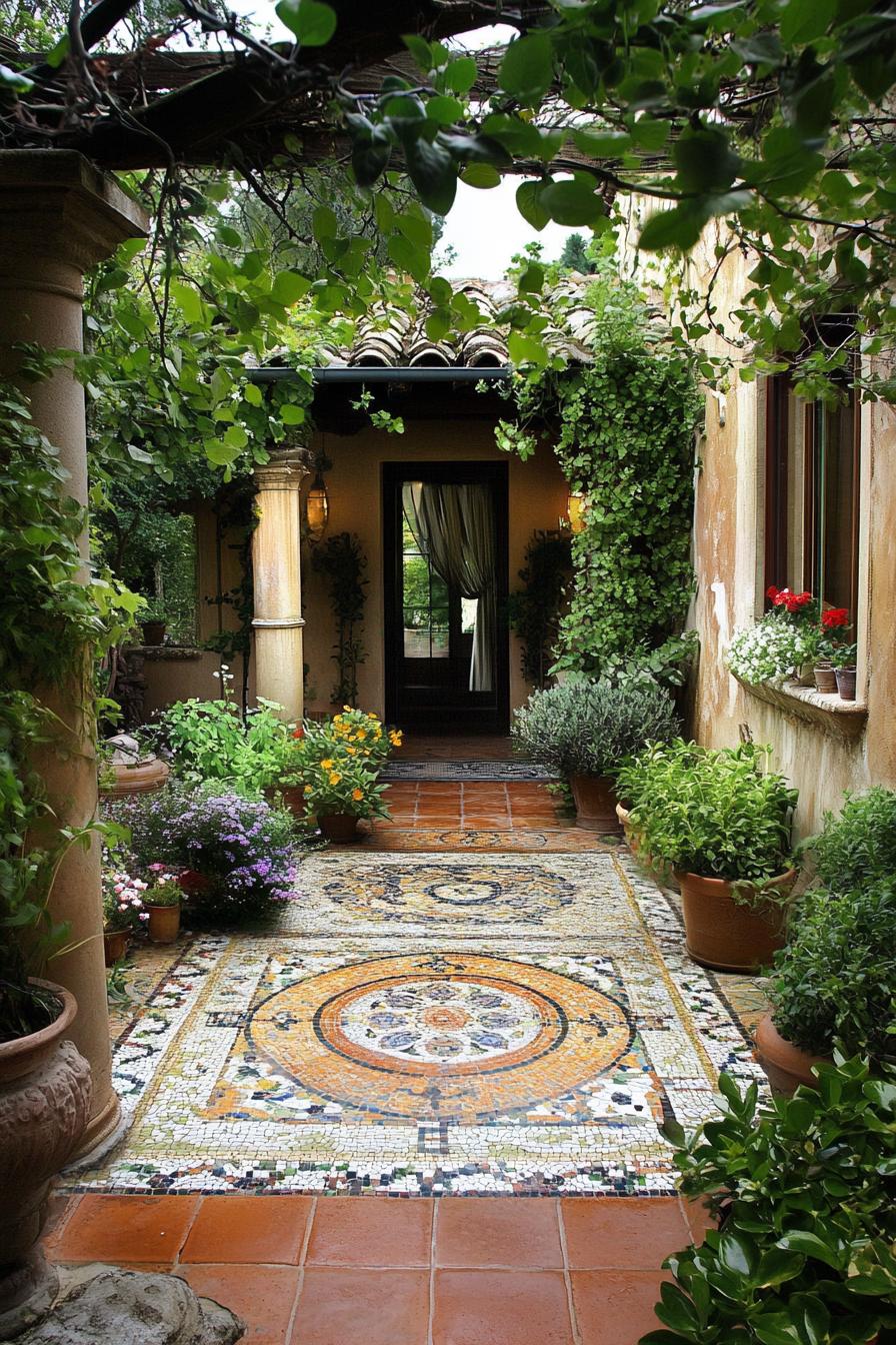 modern Tuscan house patio herb garden with mosaic floor 1