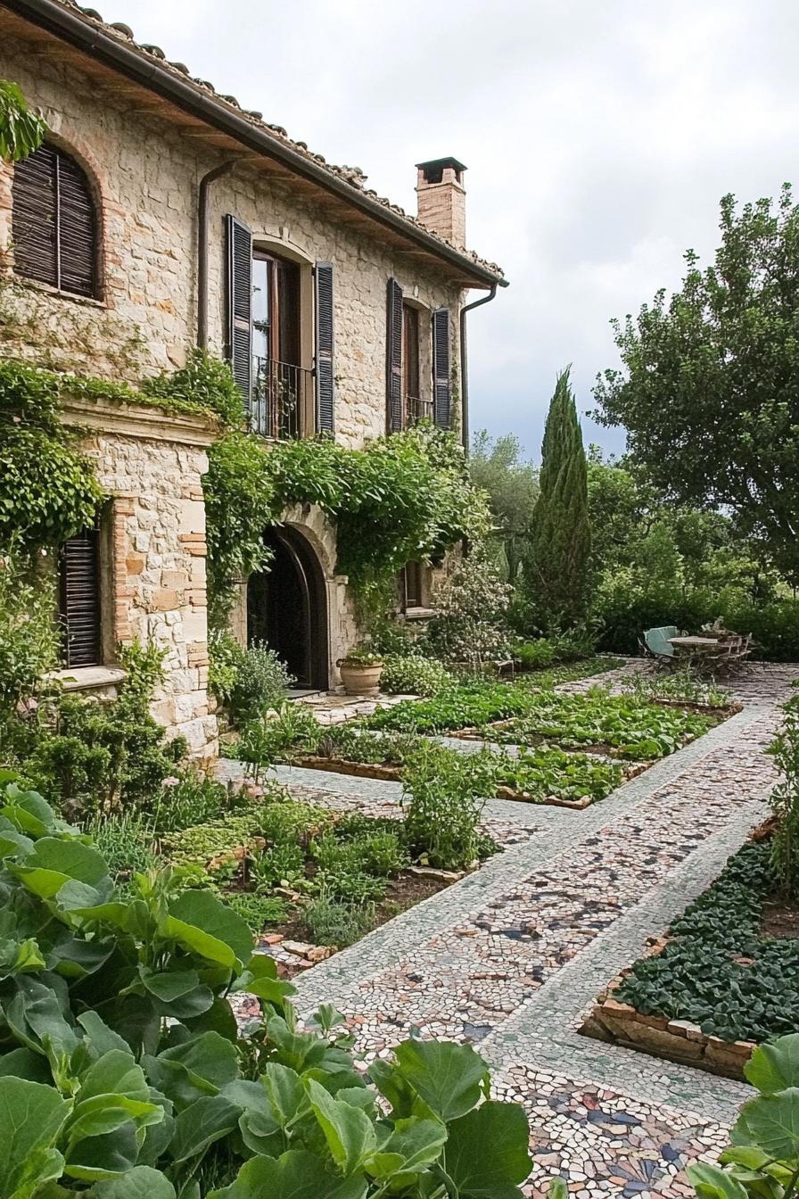 modern Tuscan house patio herb garden with mosaic floor 3