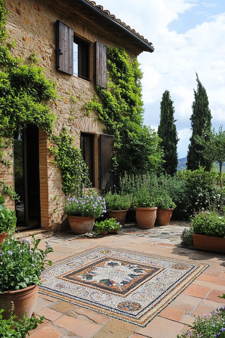 modern Tuscan house patio herb garden with mosaic floor