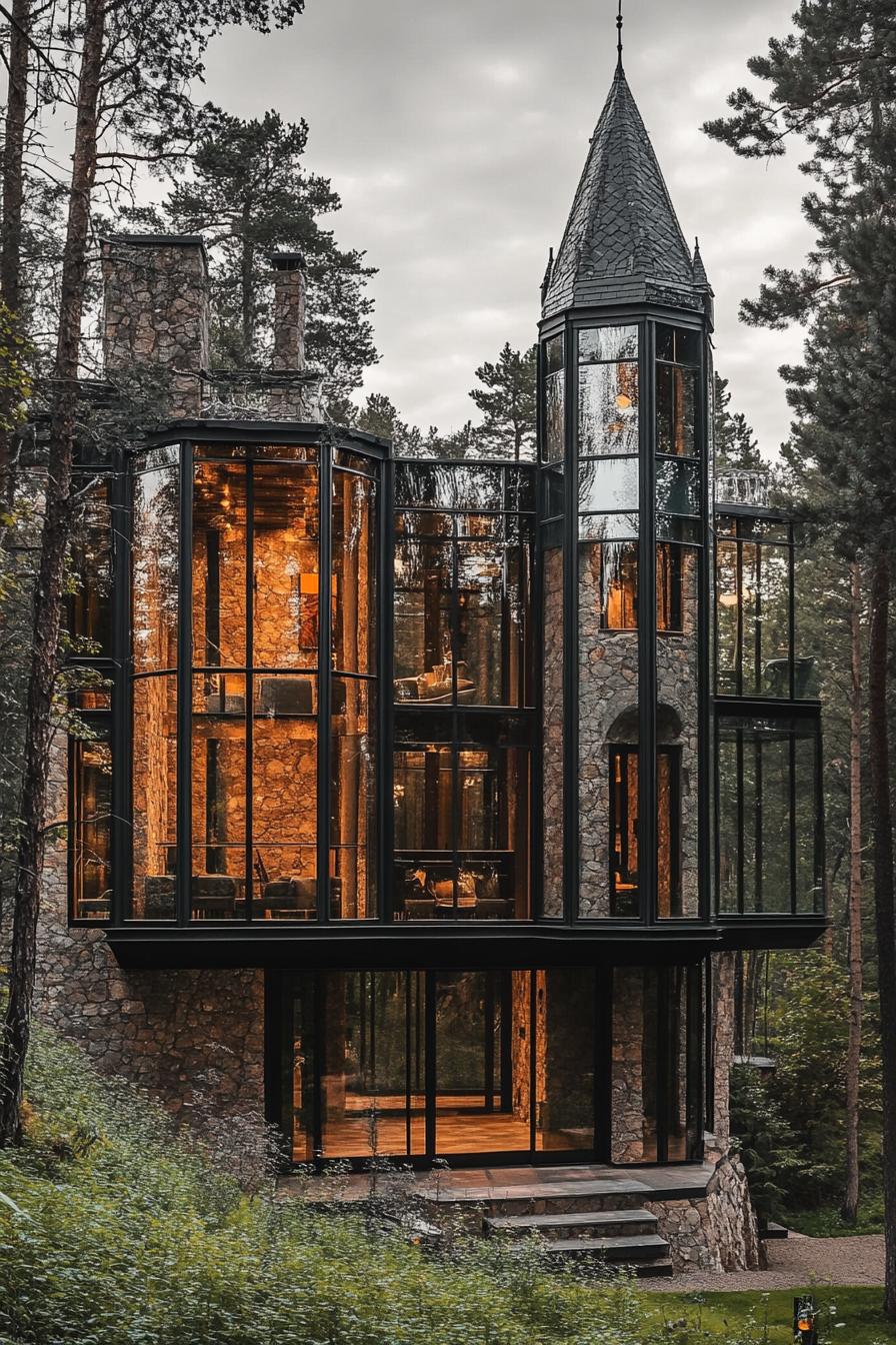 modern architecture forest castle with large glass windows and towers 1