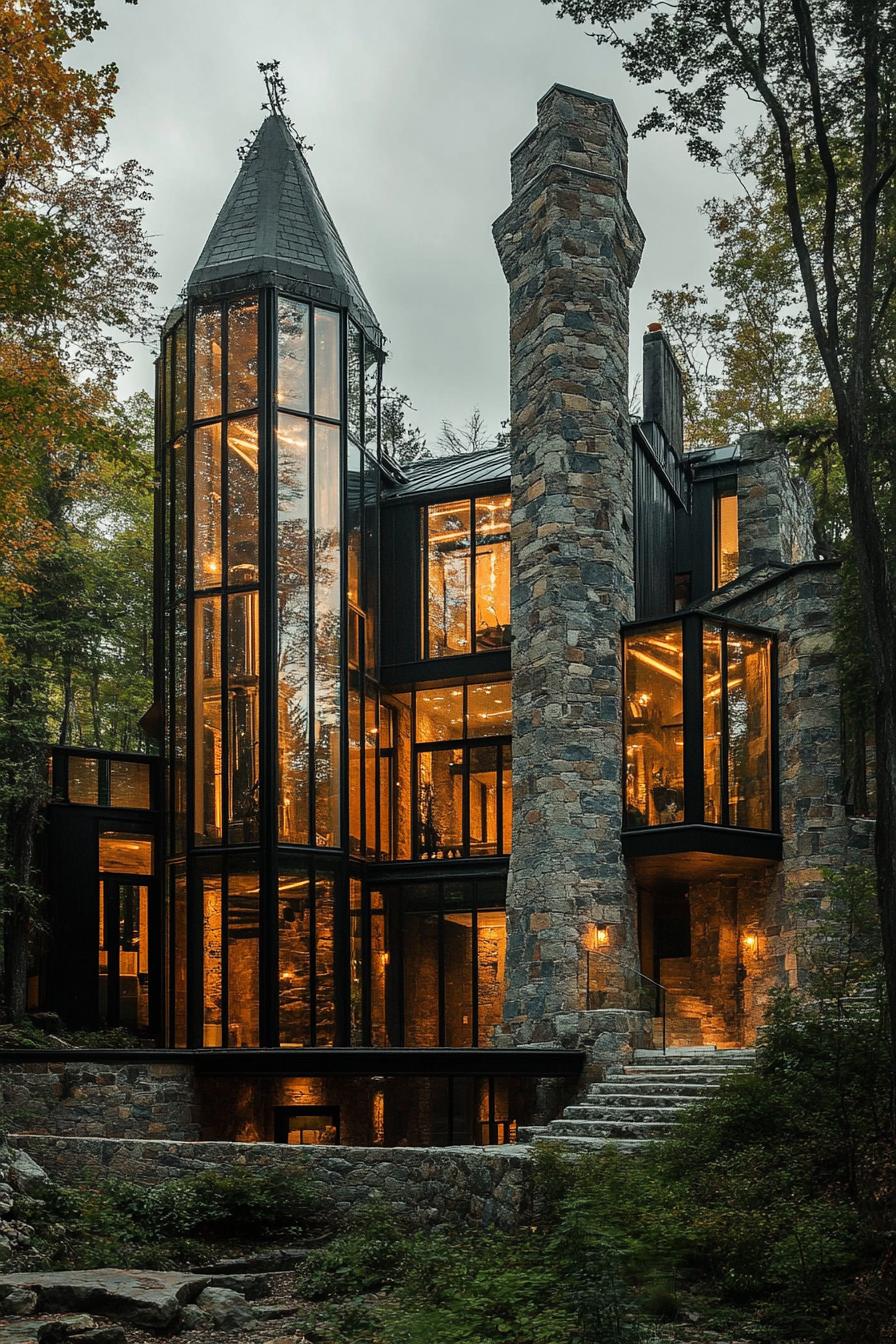 modern architecture forest castle with large glass windows and towers 2