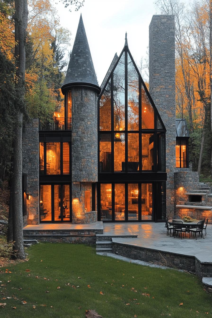 modern architecture forest castle with large glass windows and towers 3