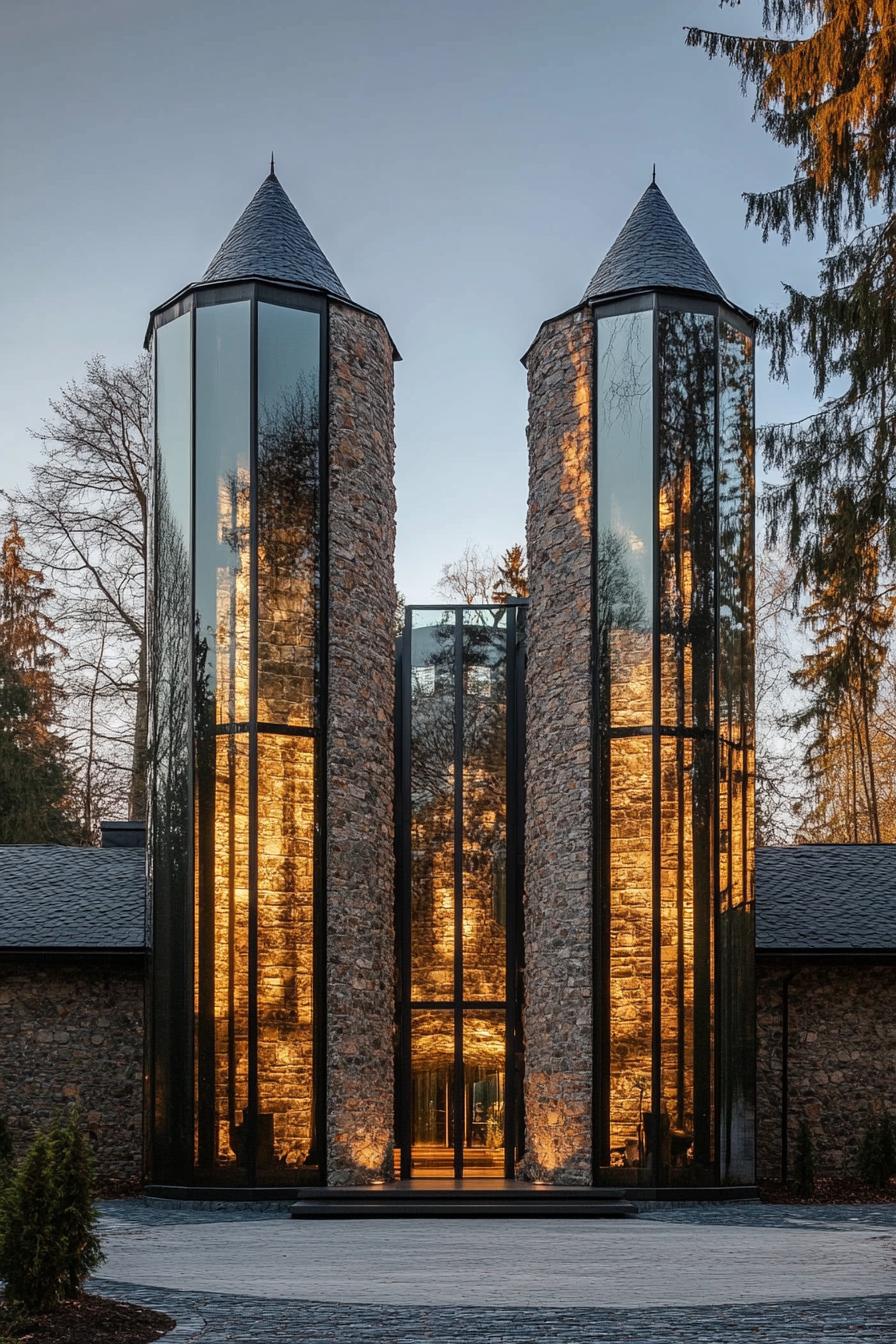 modern architecture forest castle with large glass windows and towers