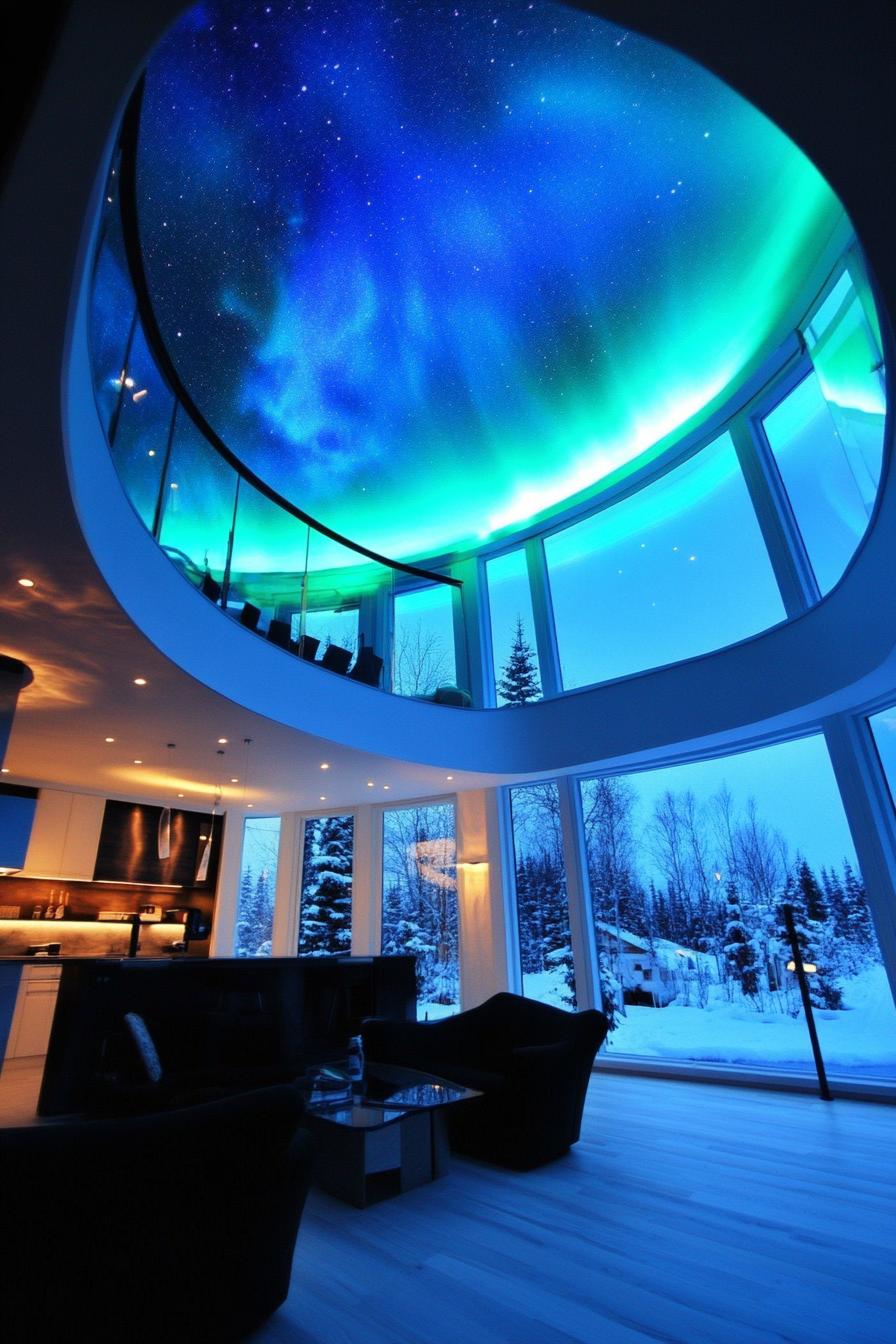 modern arctic dome house with aurora borealis ceiling