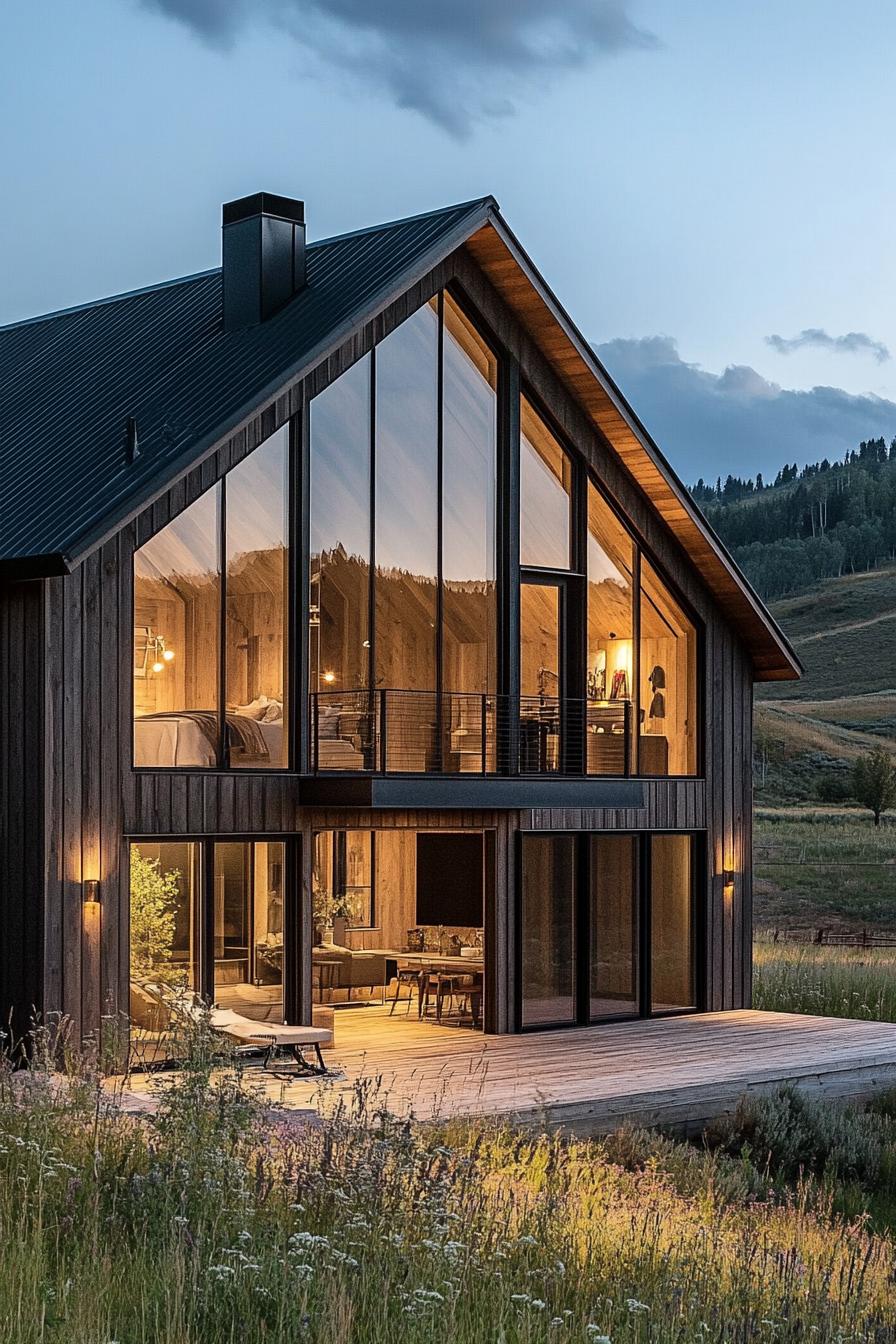 modern barn style house with loft storage large windows overlooking stunning mountain meadows