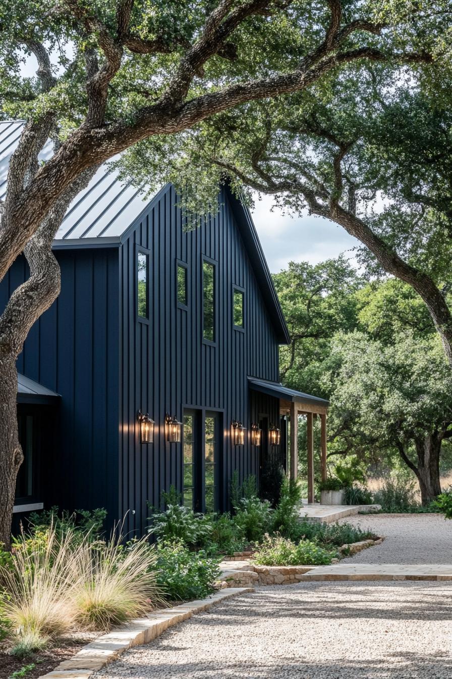 modern barndominium house deep navy blue facade with wrough iron ligh fixtures landscape with lush trees 1