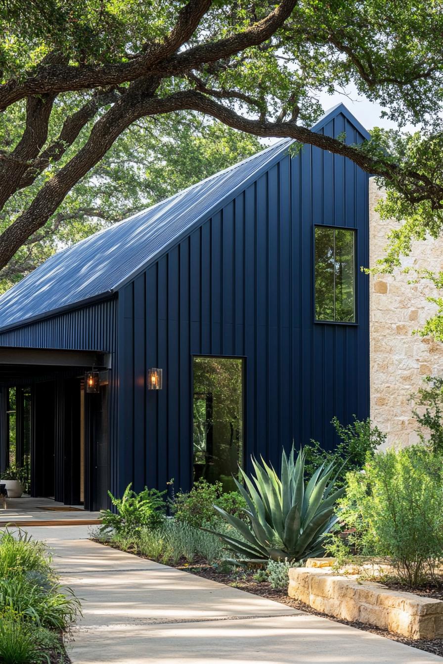 modern barndominium house deep navy blue facade with wrough iron ligh fixtures landscape with lush trees 2