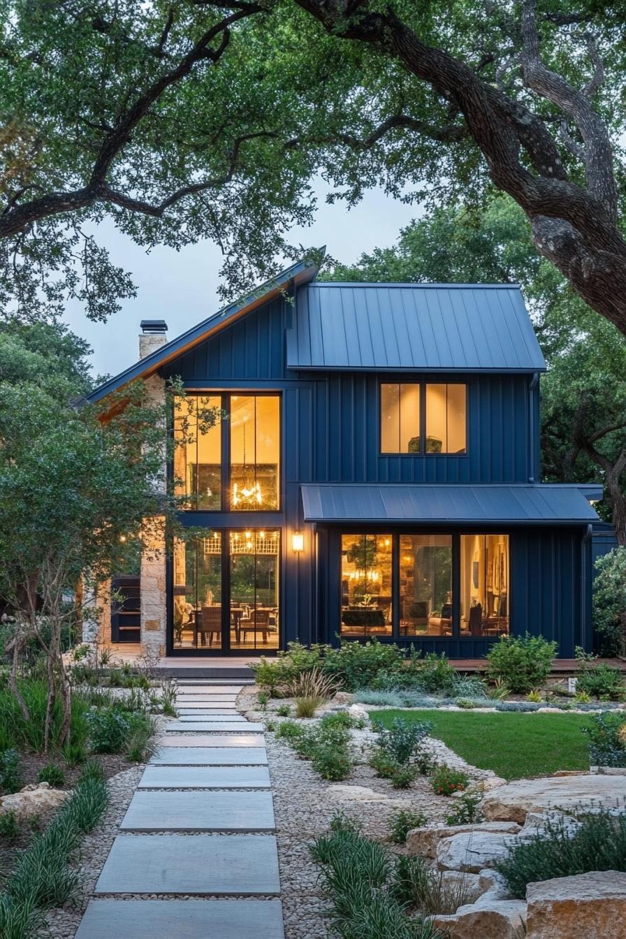 modern barndominium house deep navy blue facade with wrough iron ligh fixtures landscape with lush trees 3