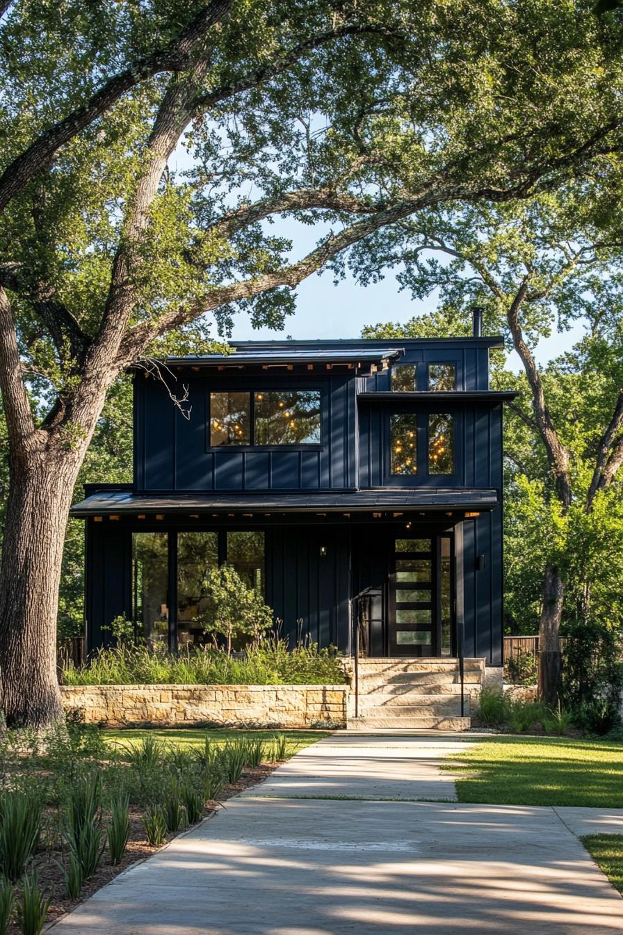 modern barndominium house deep navy blue facade with wrough iron ligh fixtures landscape with lush trees