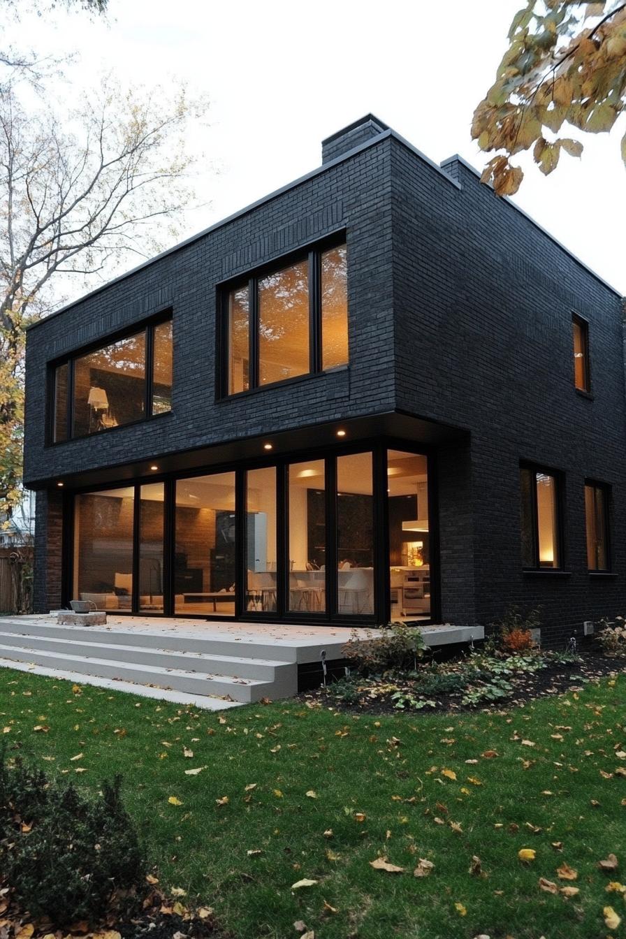 modern black brick house with large windows and visible white interior 1