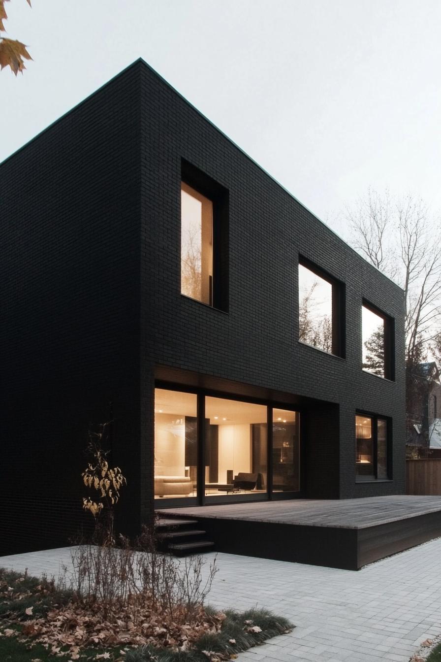 modern black brick house with large windows and visible white interior 2