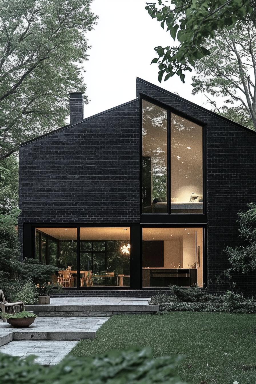 modern black brick house with large windows and visible white interior 3