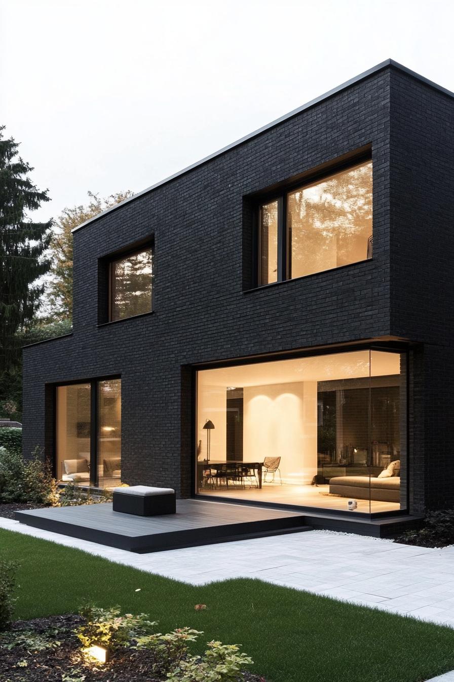 modern black brick house with large windows and visible white interior