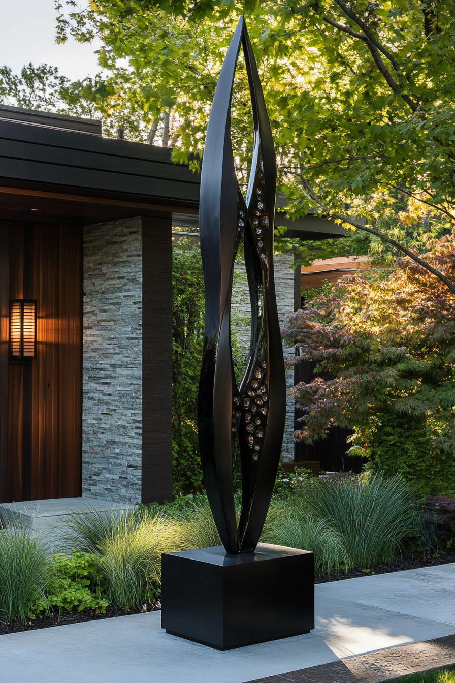 modern black house front yard garden with tall slim art deco sculpture and lanterns 1