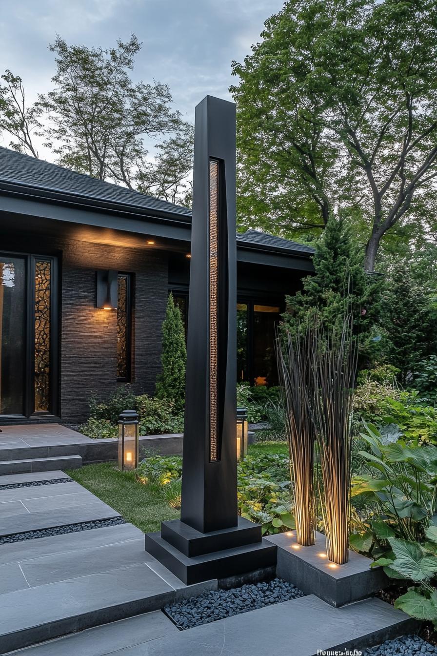 modern black house front yard garden with tall slim art deco sculpture and lanterns