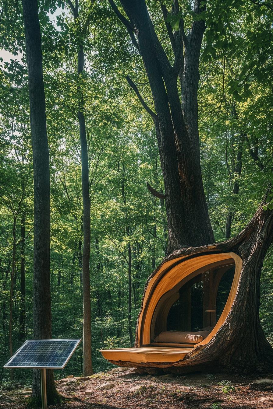 modern cabin built into a large tree trunk in a forest with a solar panel standing nearby 1