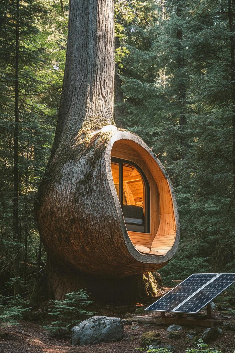 modern cabin built into a large tree trunk in a forest with a solar panel standing nearby 2