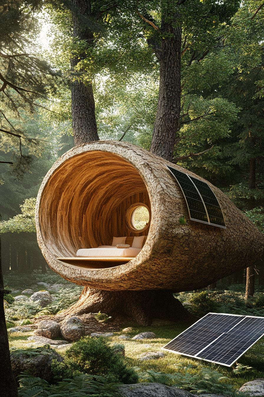 modern cabin built into a large tree trunk in a forest with a solar panel standing nearby 3