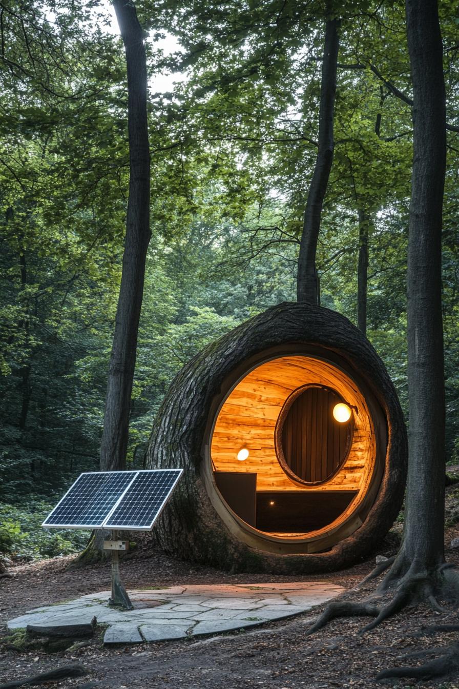 modern cabin built into a large tree trunk in a forest with a solar panel standing nearby