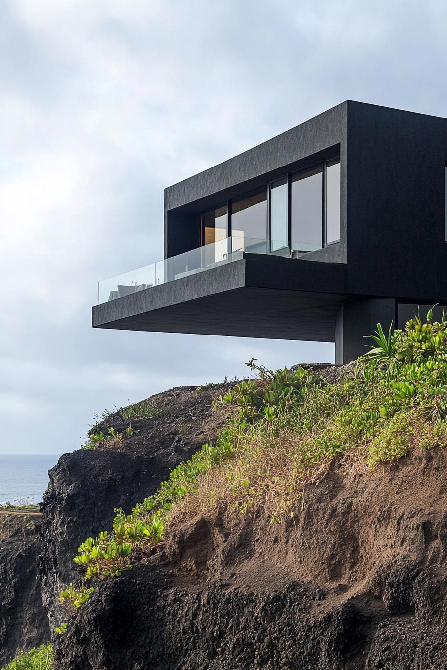 modern cantilevered matte black cliff house with stunning volcanic islad views 3