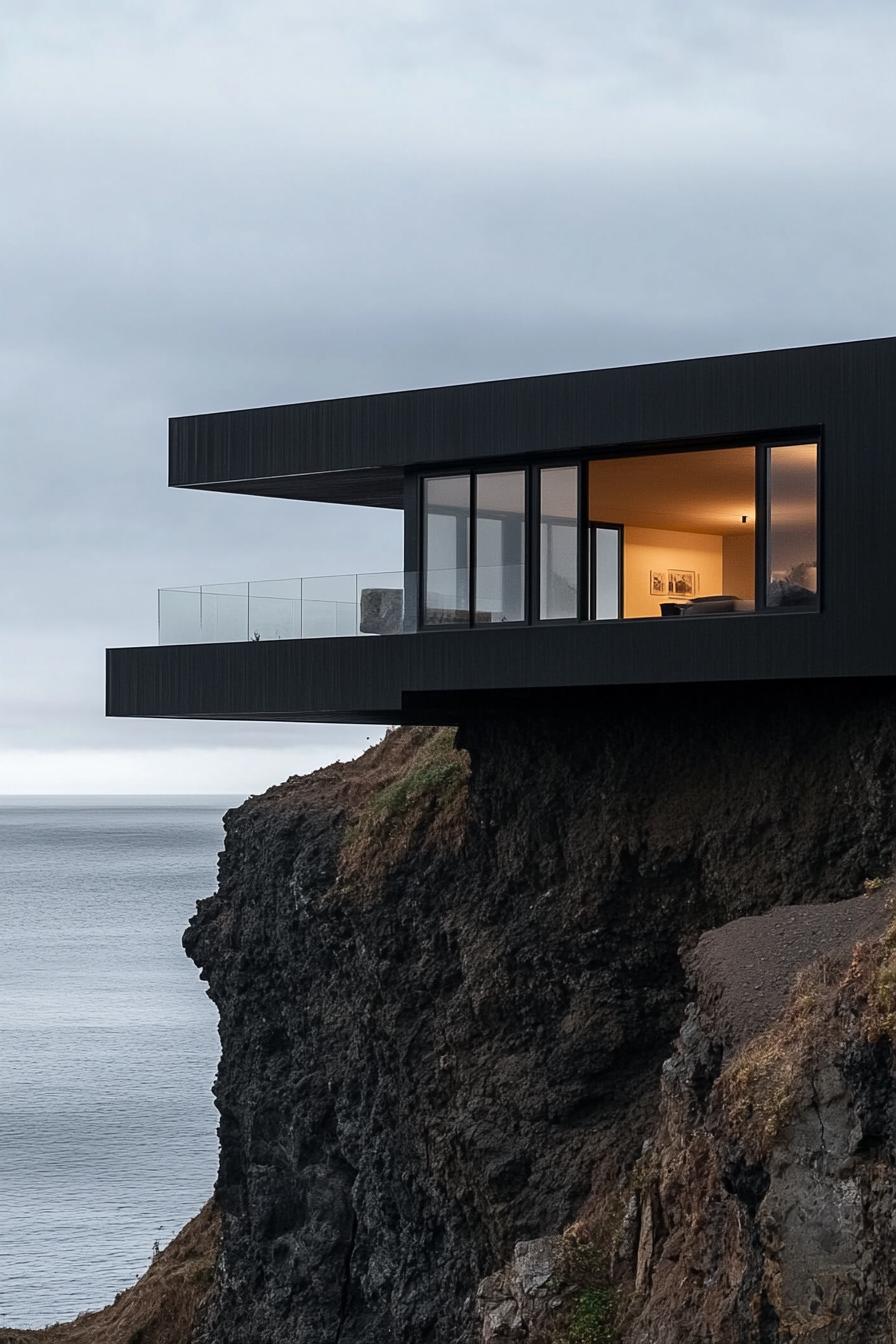 modern cantilevered matte black cliff house with stunning volcanic islad views