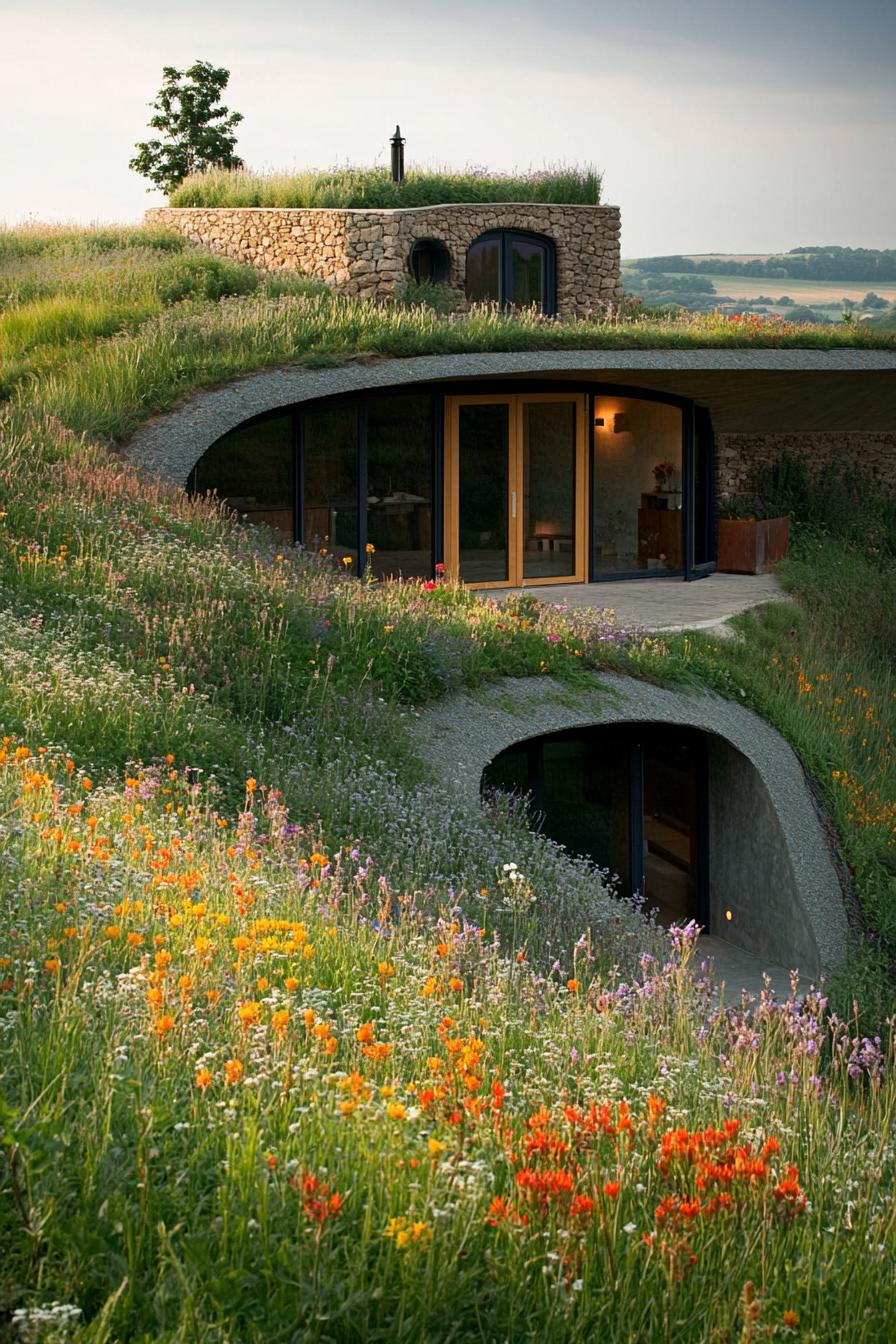 modern earth sheltered house in farmland built into hillside with herb gardens on the roof wildflower meadows surrounding 1