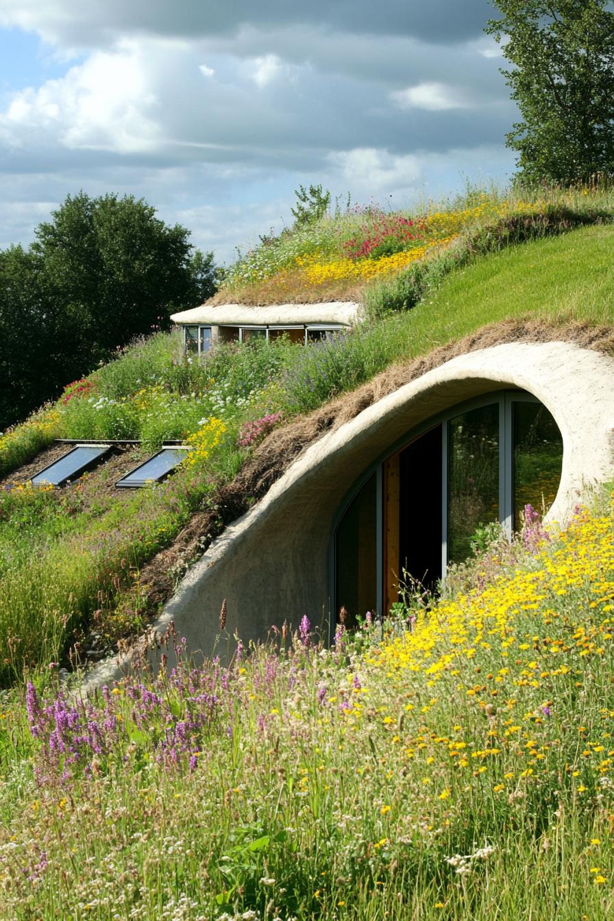 modern earth sheltered house in farmland built into hillside with herb gardens on the roof wildflower meadows surrounding 2