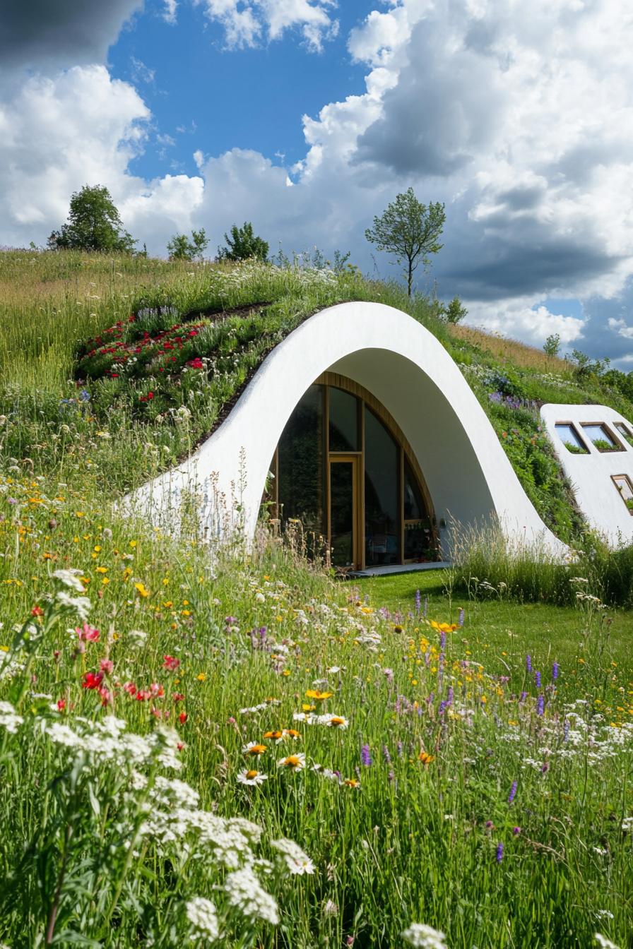 modern earth sheltered house in farmland built into hillside with herb gardens on the roof wildflower meadows surrounding 3