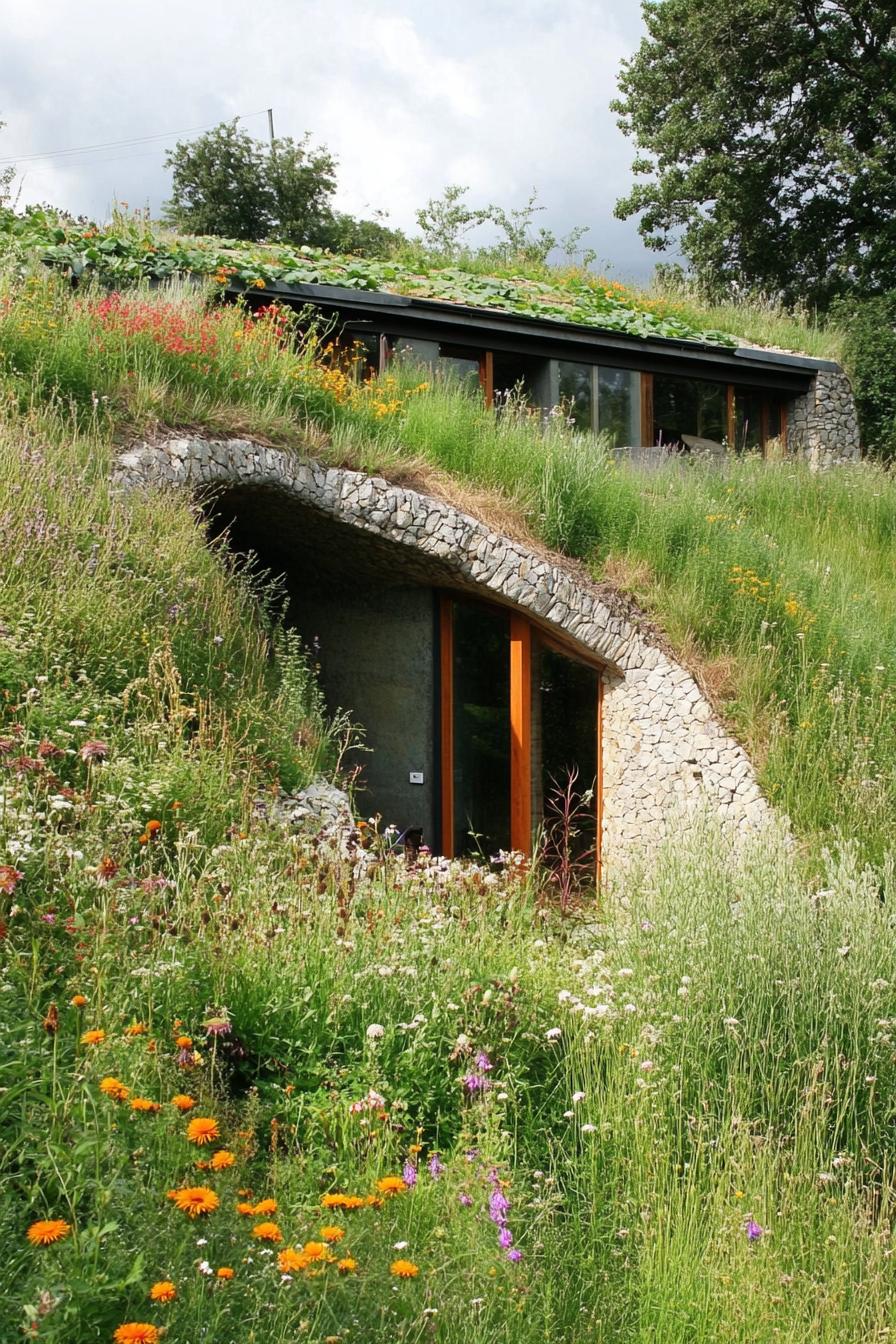 modern earth sheltered house in farmland built into hillside with herb gardens on the roof wildflower meadows surrounding