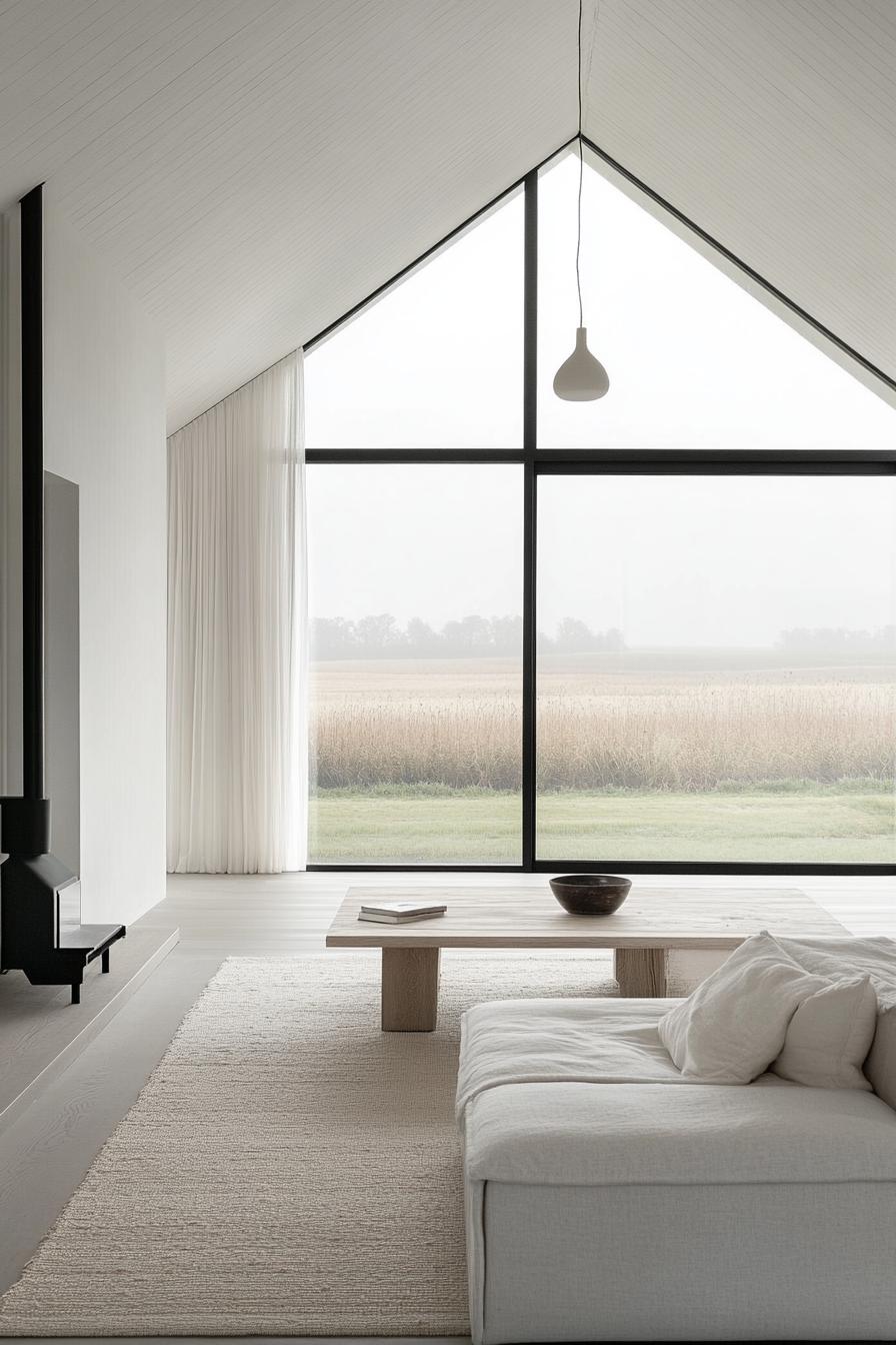 modern farmhouse minimalist Scandinavian interior with large windoes overlooking poppy fields 2