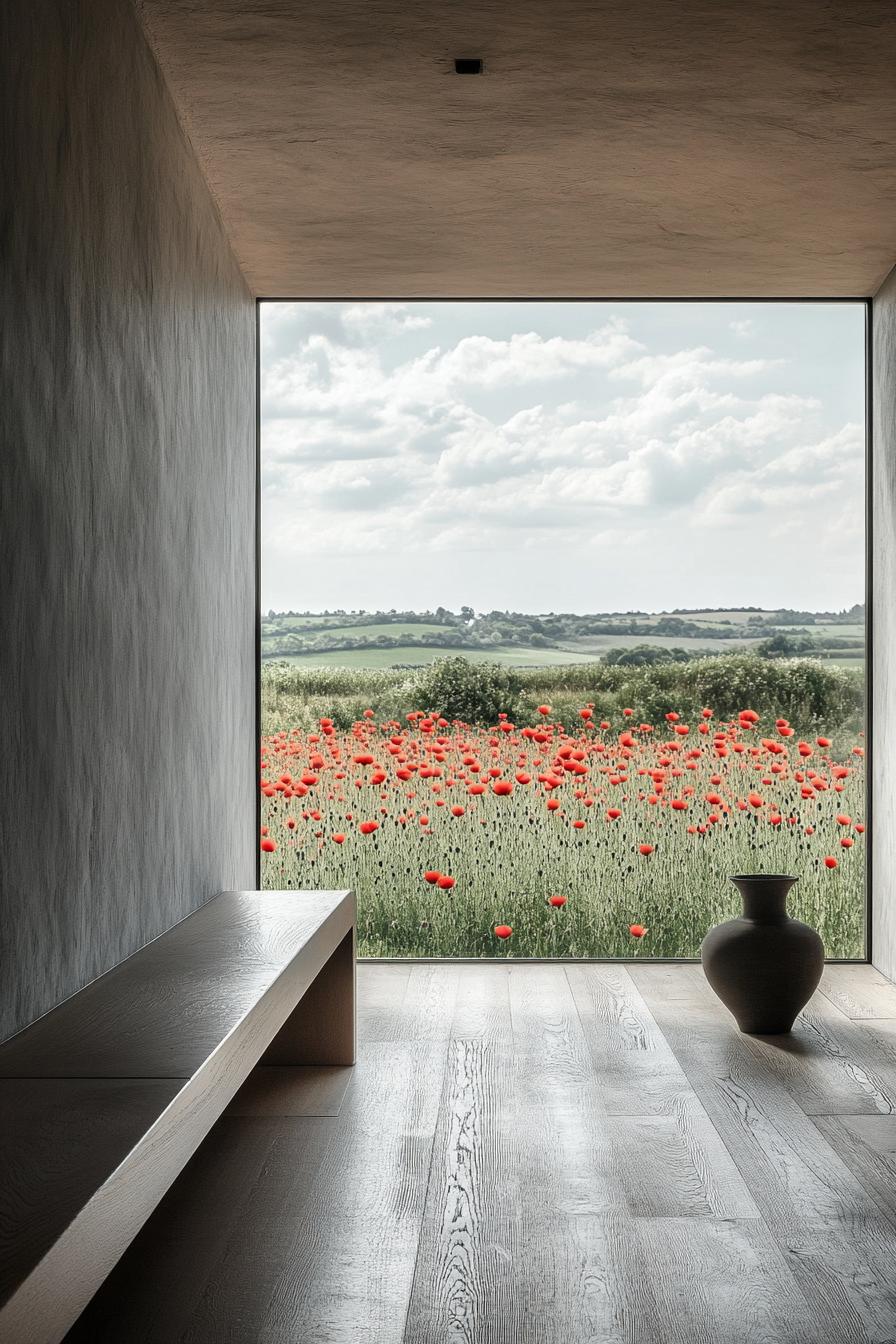 modern farmhouse minimalist Scandinavian interior with large windoes overlooking poppy fields