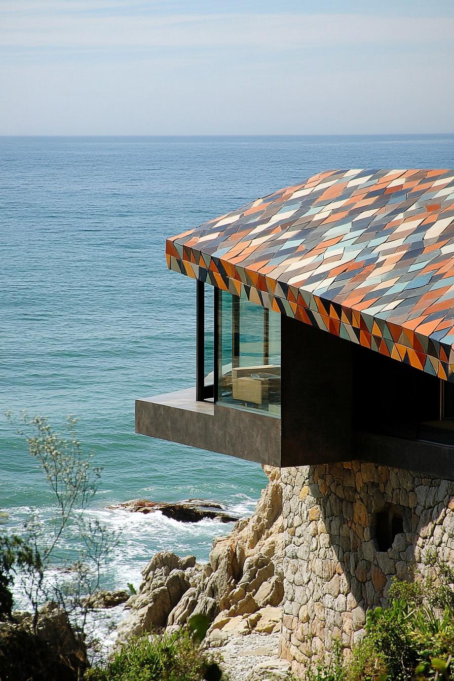 modern geometric house with geometric pattern roof tiles stunning oceanside landscape