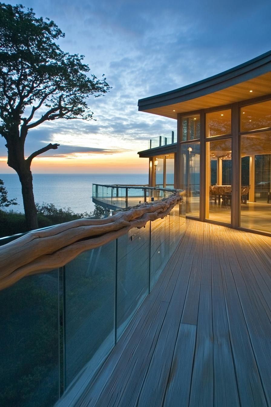 modern glass beach house with driftwood deck railings 1