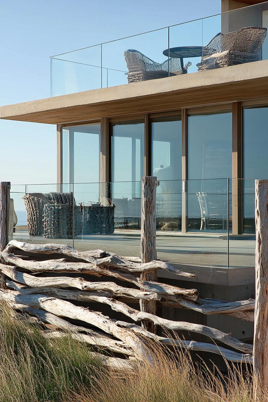 modern glass beach house with driftwood deck railings