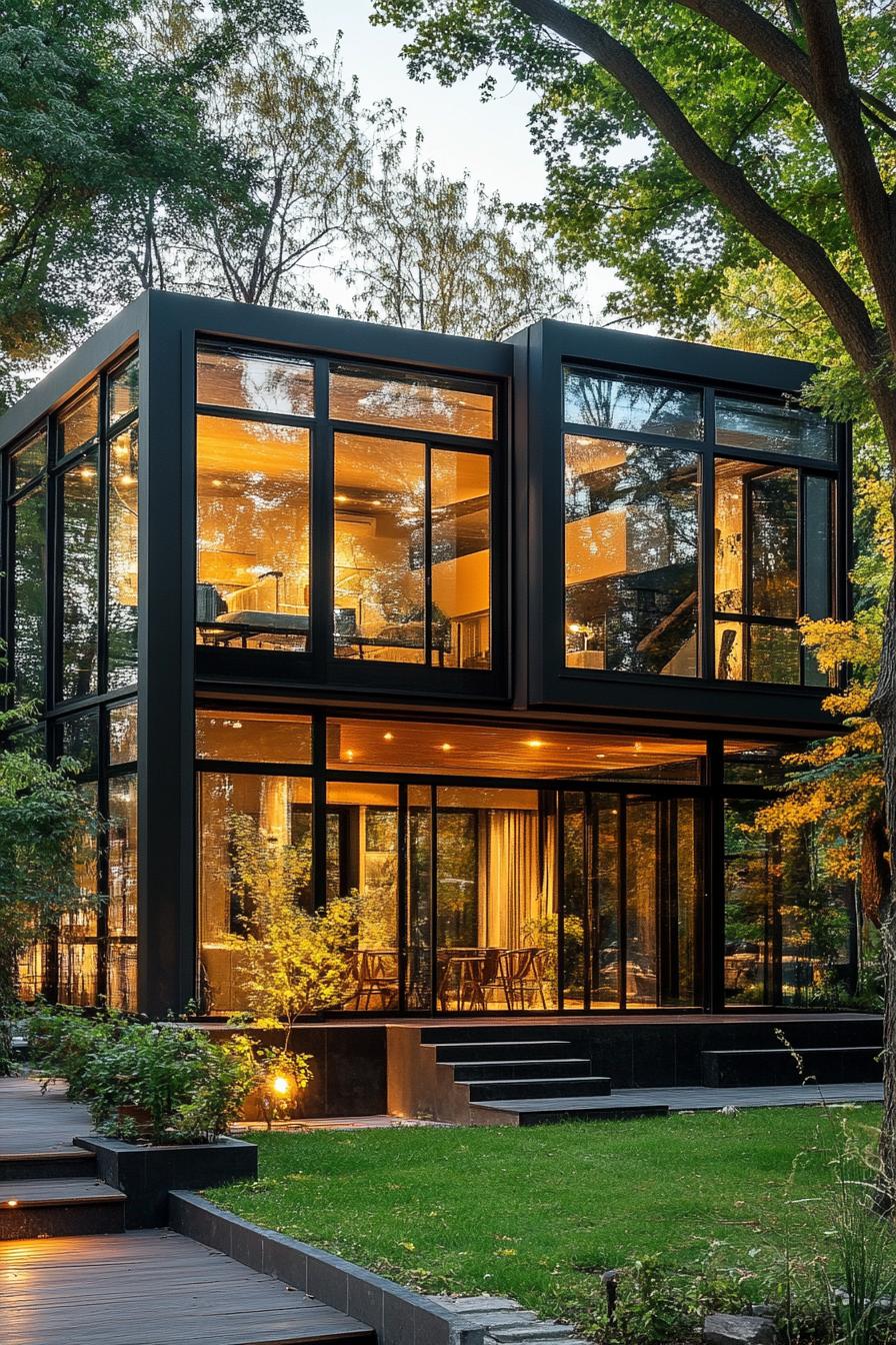 modern glass house exterior with visible charcoal interior 1